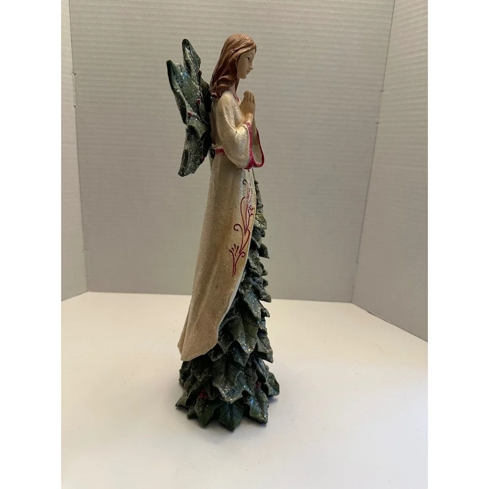 Christmas Angel Figurine Holly Wings Evergreen Tree Base Resin Holiday‎ Decor